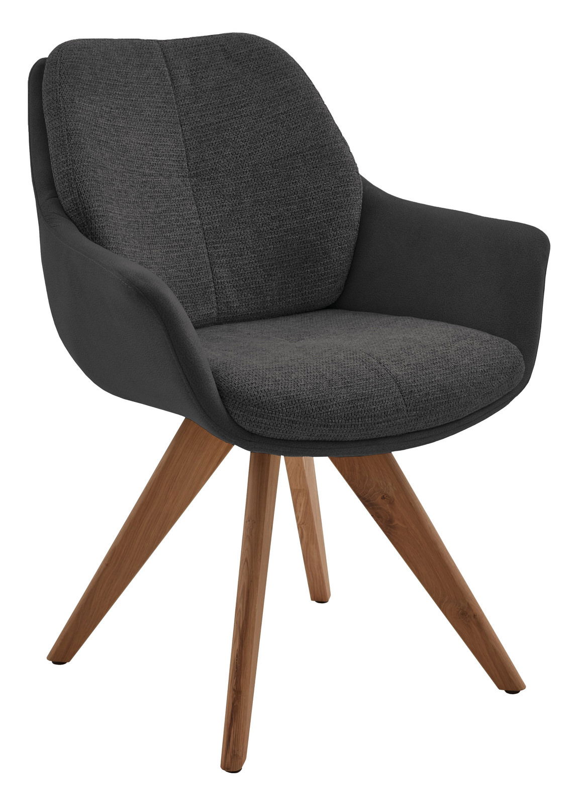 Valnatura Armlehnstuhl MANADO Moderner Armlehnstuhl mit grauem Stoffbezug und Holzbeinen, seitliche Perspektive