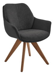 Moderner Armlehnstuhl mit grauem Stoffbezug und Holzbeinen, seitliche Perspektive