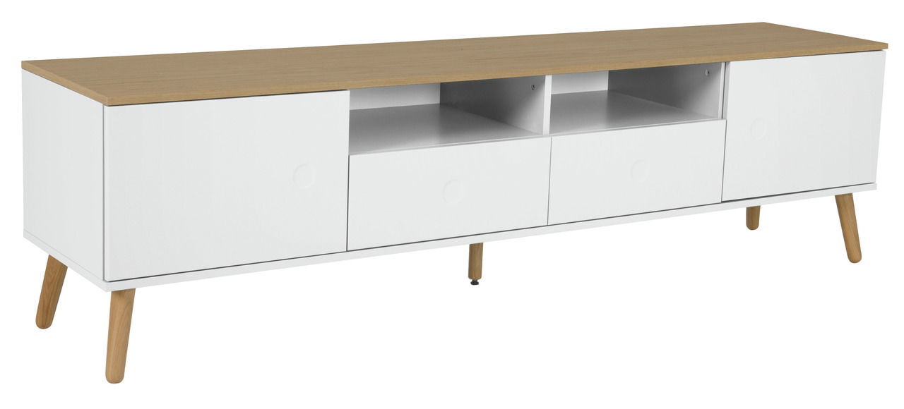 Modernes TV-Board mit weißem Korpus und Holzoberfläche, seitliche Perspektive