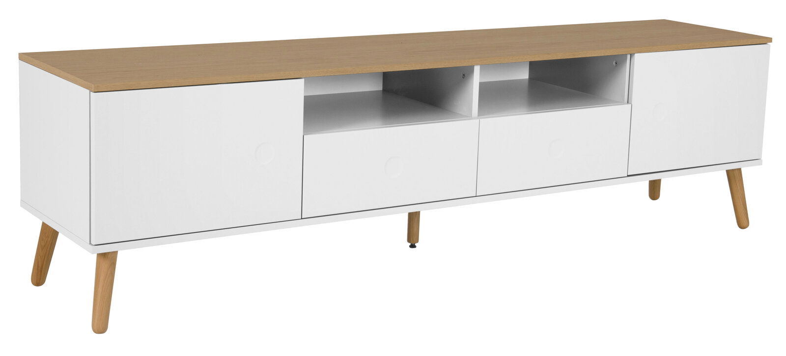 Modernes TV-Board mit weißem Korpus und Holzoberfläche, seitliche Perspektive