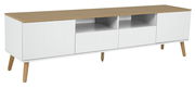 Modernes TV-Board mit weißem Korpus und Holzoberfläche, seitliche Perspektive