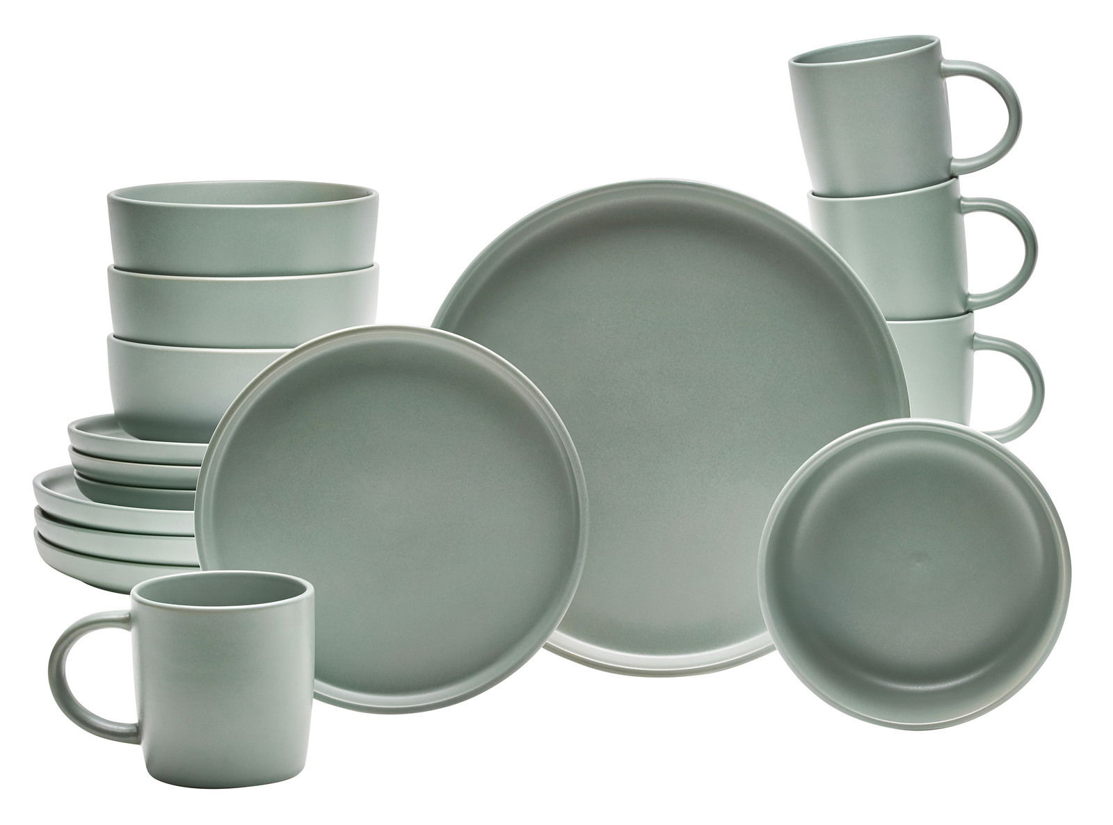 Kombiservice Prato 16-teilig in sanftem Grün, bestehend aus Tellern, Schalen und Tassen, aus frontaler Perspektive.