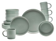 Kombiservice Prato 16-teilig in sanftem Grün, bestehend aus Tellern, Schalen und Tassen, aus frontaler Perspektive.