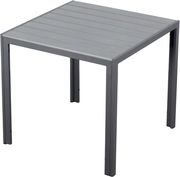 Moderner quadratischer Gartentisch aus Metall in Grau, Perspektive von schräg oben