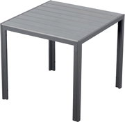 Moderner quadratischer Gartentisch aus Metall in Grau, Perspektive von schräg oben