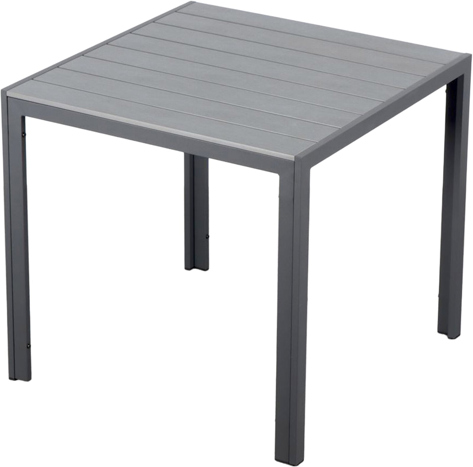 Moderne vierkante tuintafel van metaal in grijs, gezien vanuit een schuine hoek van bovenaf