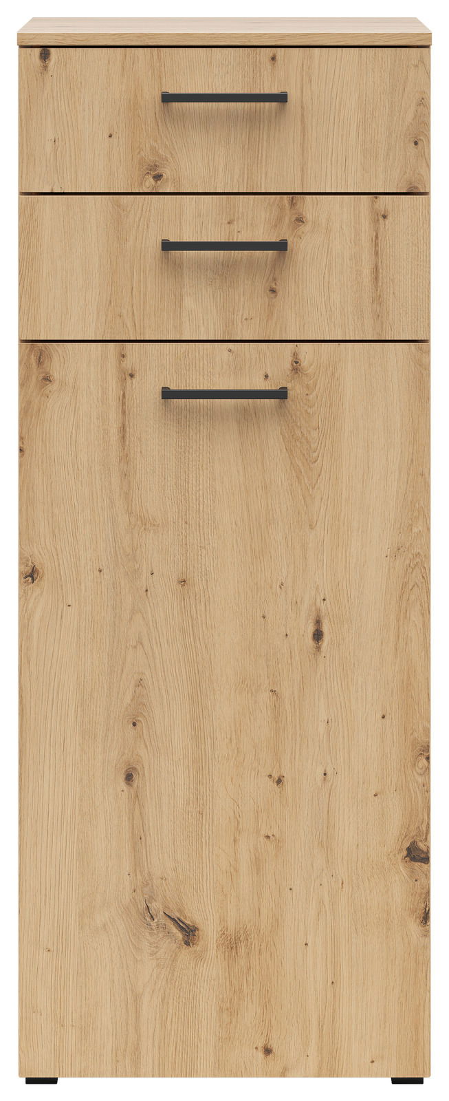 Kommode aus Holz mit drei Schubladen und schwarzen Griffen, Frontalansicht