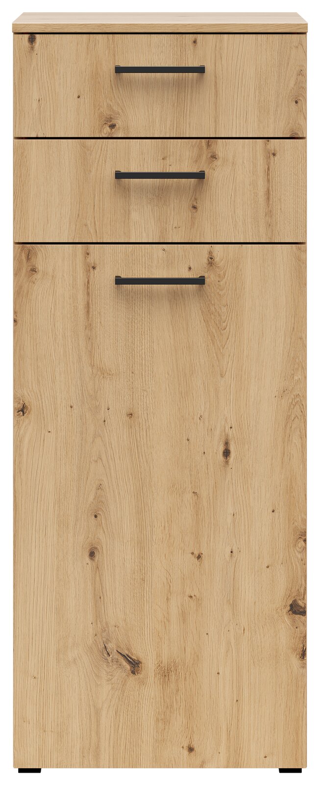 Kommode aus Holz mit drei Schubladen und schwarzen Griffen, Frontalansicht