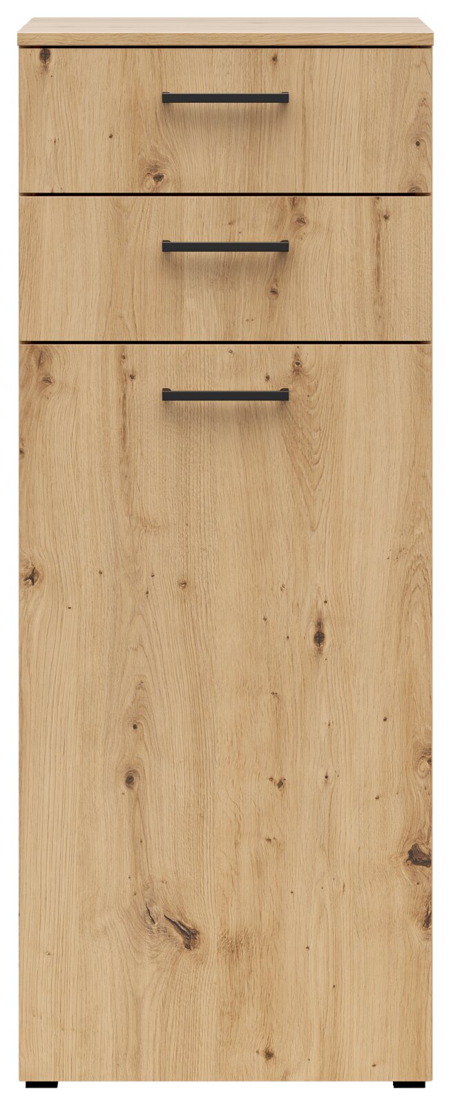 Kommode aus Holz mit drei Schubladen und schwarzen Griffen, Frontalansicht