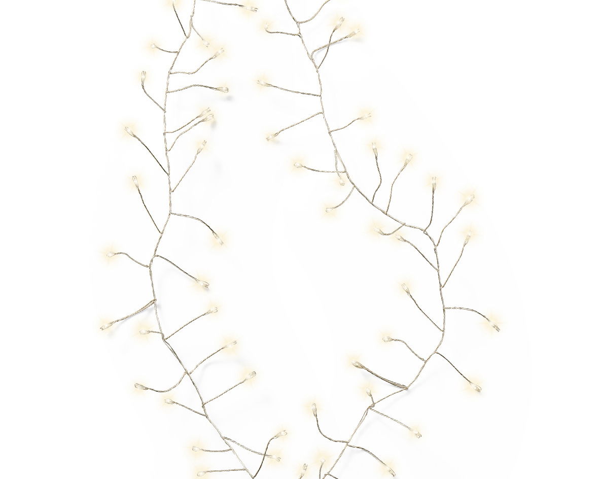 Nahaufnahme von einer Micro LED Lichterkette mit warmweißen Lichtern, die in einem geschwungenen Muster angeordnet ist.