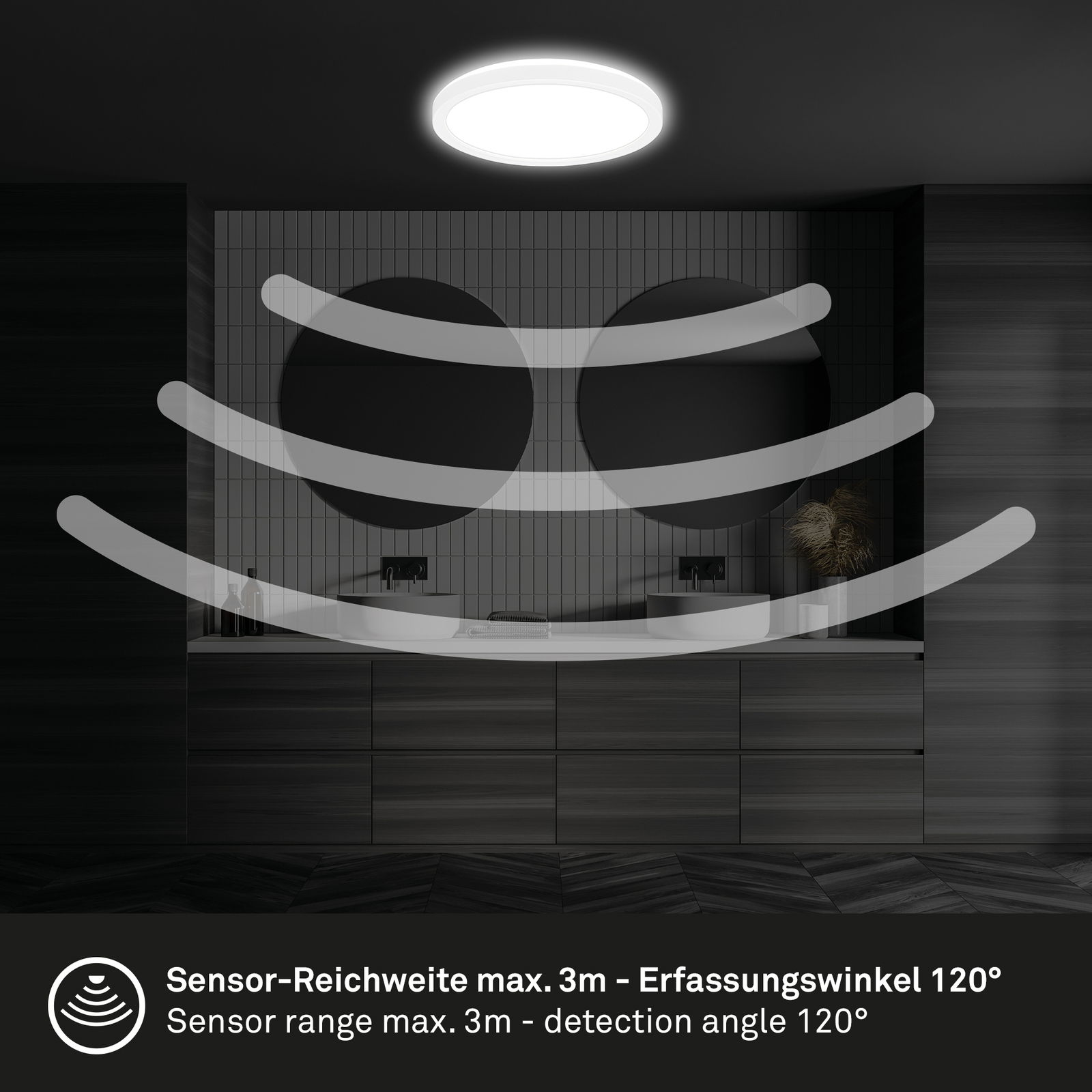LED-Deckenleuchte mit Bewegungssensor, montiert an der Decke eines modernen Badezimmers, mit einem Erfassungsbereich von 3 Metern und einem Erfassungswinkel von 120 Grad.