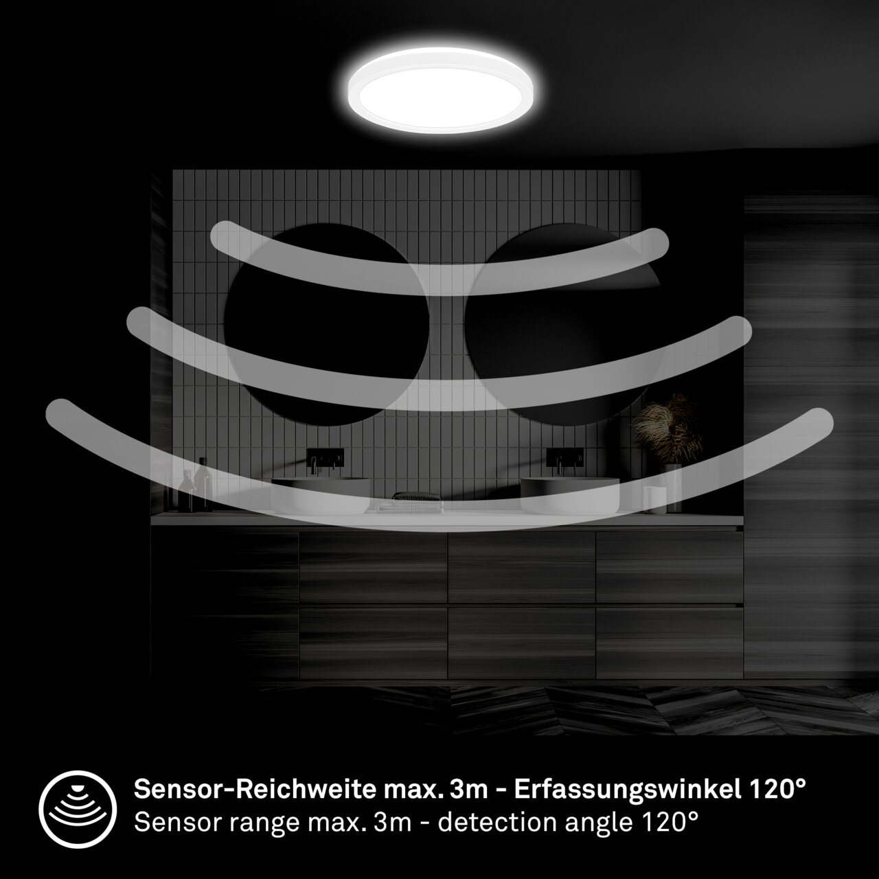 LED-Deckenleuchte mit Bewegungssensor, montiert an der Decke eines modernen Badezimmers, mit einem Erfassungsbereich von 3 Metern und einem Erfassungswinkel von 120 Grad.