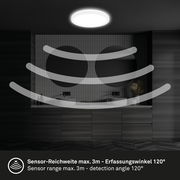 LED-Deckenleuchte mit Bewegungssensor, montiert an der Decke eines modernen Badezimmers, mit einem Erfassungsbereich von 3 Metern und einem Erfassungswinkel von 120 Grad.