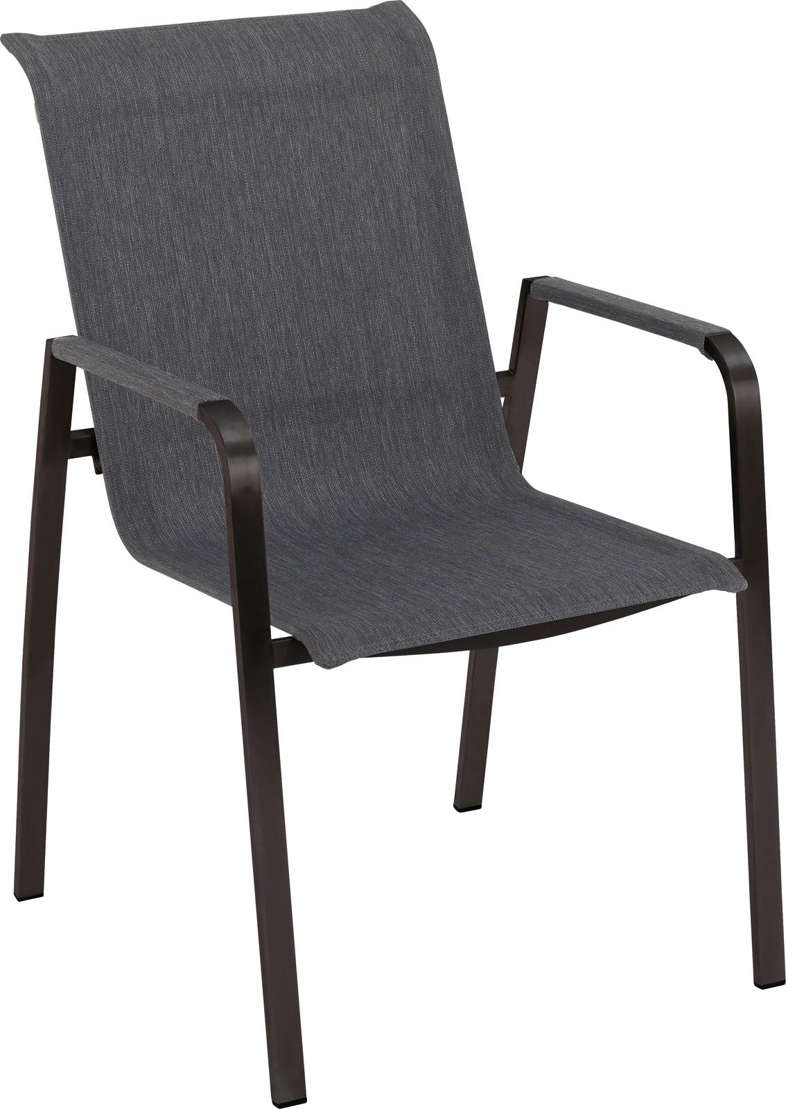 Moderner Stapelsessel mit dunklem Metallrahmen und grauem Stoffbezug, seitliche Perspektive