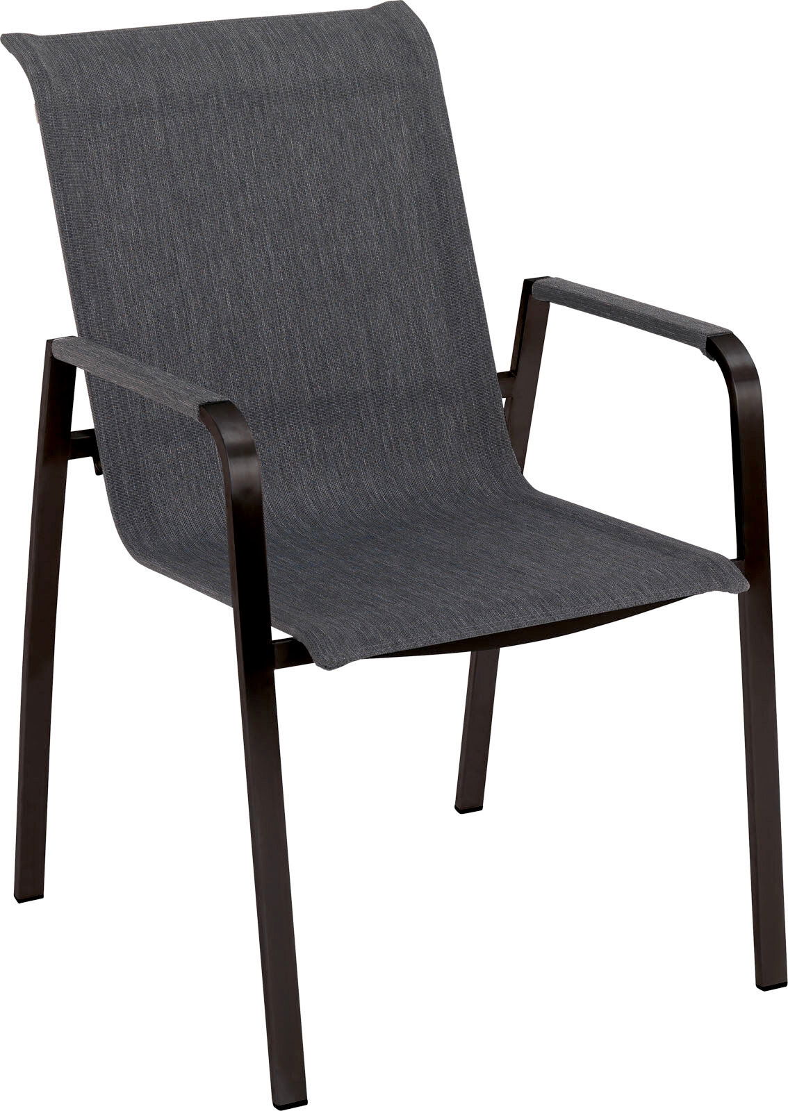 Amatio Stapelsessel CAP BENAT Moderner Stapelsessel mit dunklem Metallrahmen und grauem Stoffbezug, seitliche Perspektive