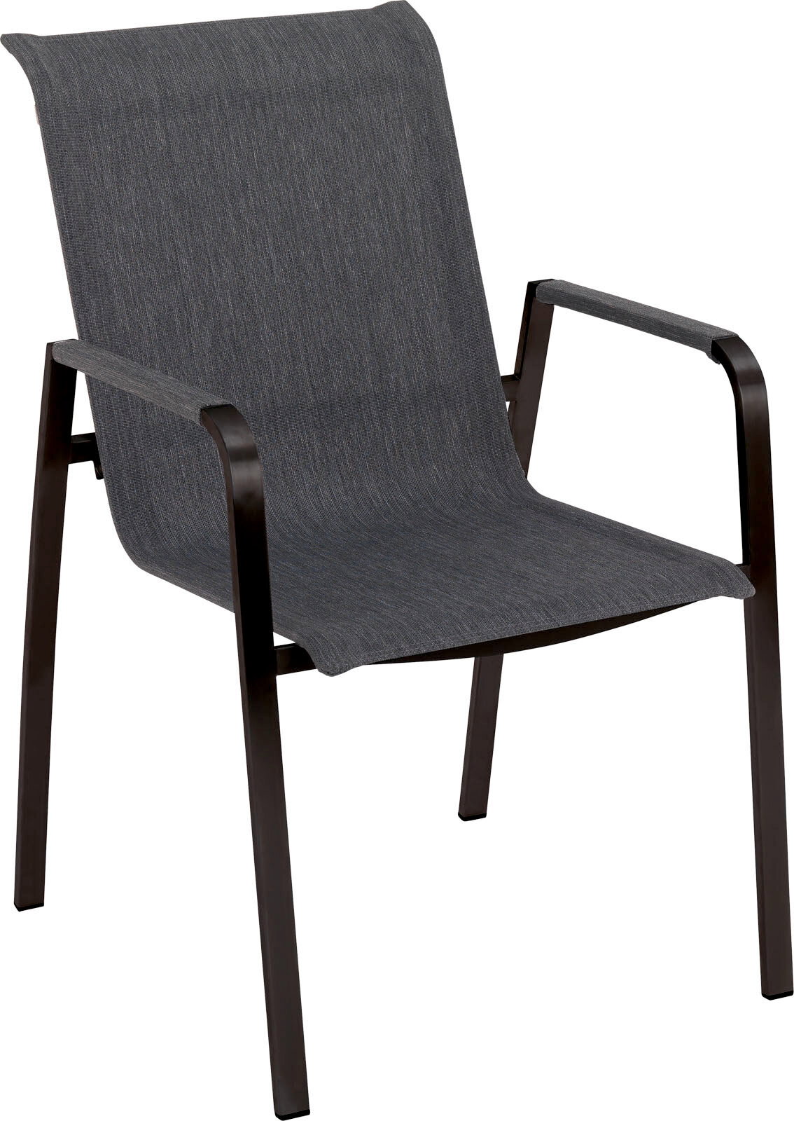 Moderner Stapelsessel mit dunklem Metallrahmen und grauem Stoffbezug, seitliche Perspektive