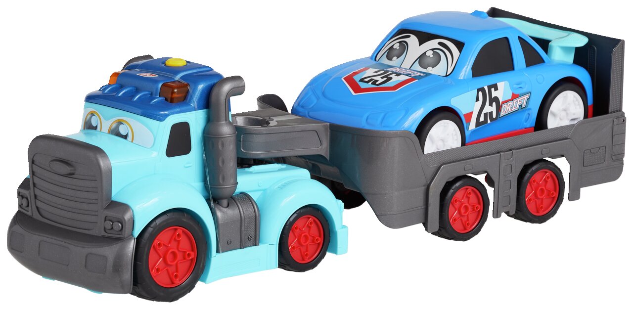 Speelgoedautoset bestaande uit een blauwe vrachtwagen met rode wielen en een blauwe raceauto op de aanhanger, zijaanzicht