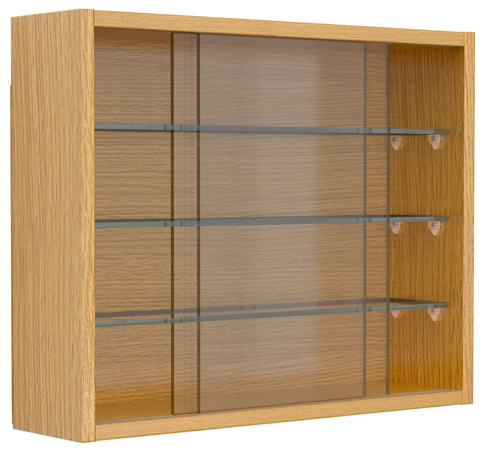 Holz-Wandvitrine mit Glas-Schiebetüren und drei Glasböden, schräg von vorn (Frontansicht leicht von links)