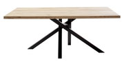 Moderner Esstisch mit Holzplatte und schwarzem Metallgestell, seitliche Perspektive