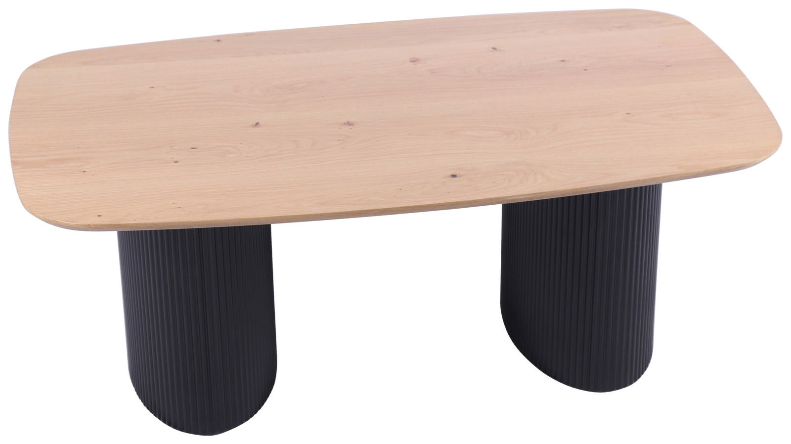 Moderner Couchtisch mit heller Holzplatte und zwei dunklen, geriffelten Beinen, seitliche Perspektive