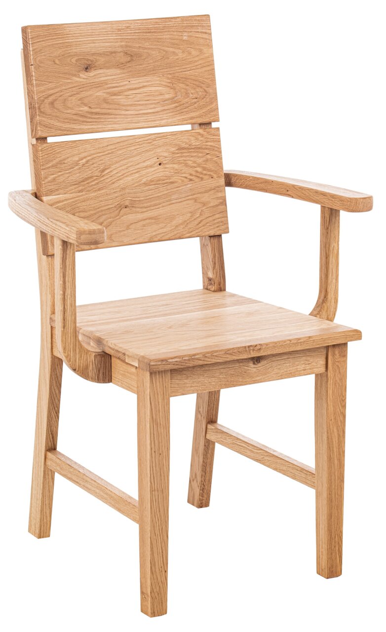 Holzstuhl mit Armlehnen, aus hellem Holz, seitliche Perspektive