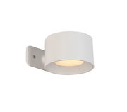Moderne weiße Akku-Wandleuchte in seitlicher Perspektive mit rundem Design und integriertem Licht.