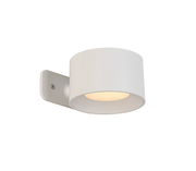 Moderne weiße Akku-Wandleuchte in seitlicher Perspektive mit rundem Design und integriertem Licht.