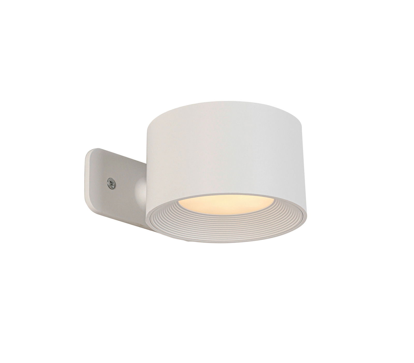 Moderne weiße Akku-Wandleuchte in seitlicher Perspektive mit rundem Design und integriertem Licht.