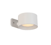 Moderne weiße Akku-Wandleuchte in seitlicher Perspektive mit rundem Design und integriertem Licht.