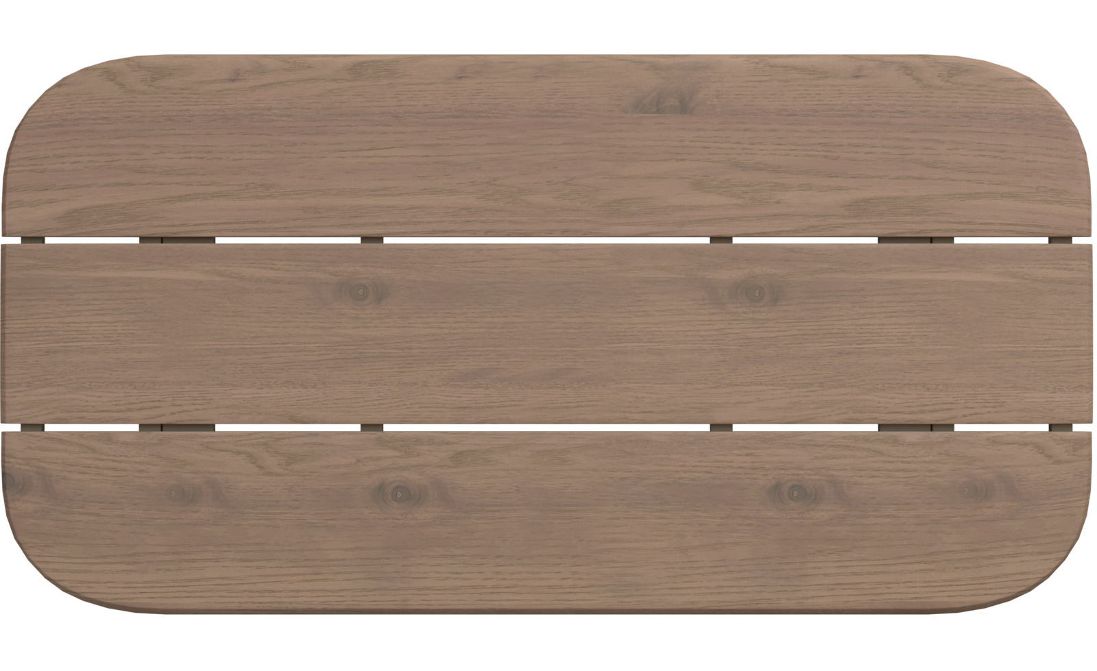 Draufsicht auf eine rechteckige Tischplatte aus Holz mit abgerundeten Ecken und sichtbarer Holzmaserung.