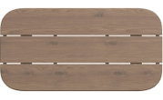 Draufsicht auf eine rechteckige Tischplatte aus Holz mit abgerundeten Ecken und sichtbarer Holzmaserung.