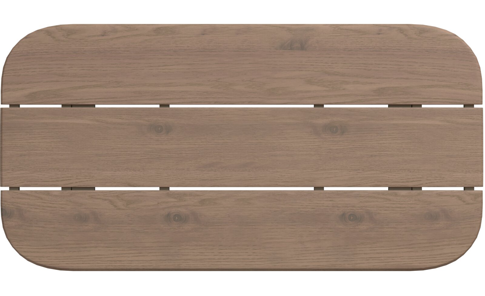 Bovenaanzicht van een rechthoekig houten tafelblad met afgeronde hoeken en zichtbare houtnerf.