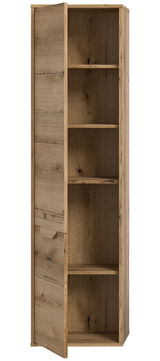 Hochschrank aus Holz mit geöffneter Tür, zeigt vier Regalböden, Perspektive von vorne