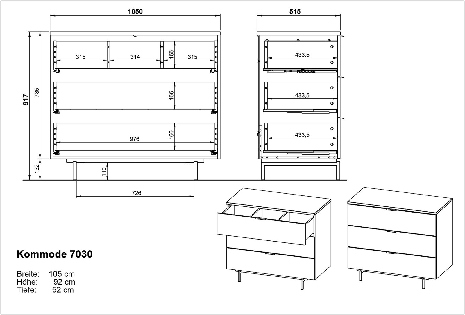 Technische tekening van een ladekast met drie lades, vooraanzicht en zijaanzicht. Afmetingen: breedte 105 cm, hoogte 92 cm, diepte 52 cm.