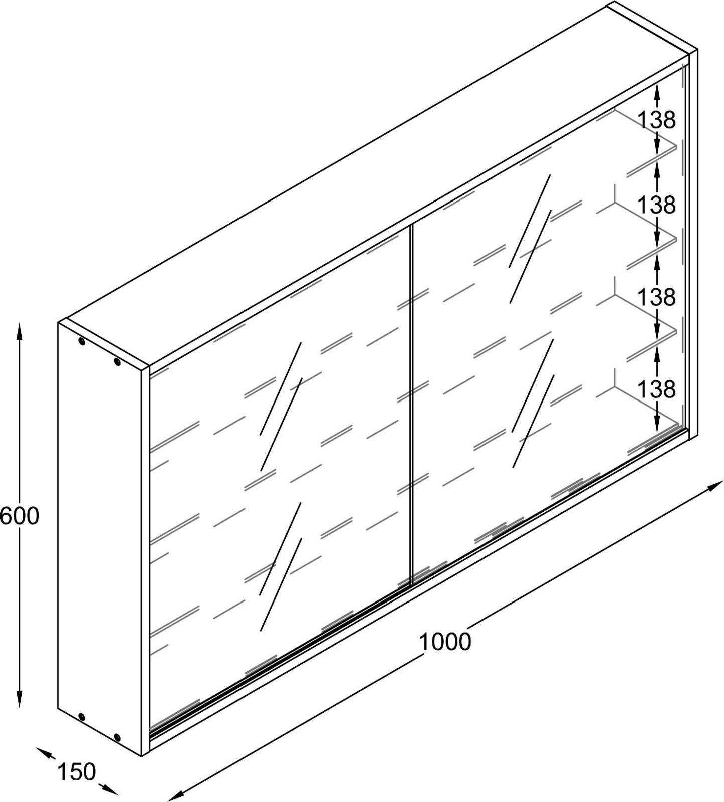 Technische Zeichnung einer wandmontierten Vitrine mit zwei Glasschiebetüren und vier Einlegeböden, Maße ca. 1000 x 600 x 150 mm, Perspektive: schräg von vorne links.