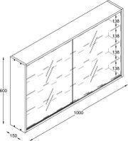 Technische Zeichnung einer wandmontierten Vitrine mit zwei Glasschiebetüren und vier Einlegeböden, Maße ca. 1000 x 600 x 150 mm, Perspektive: schräg von vorne links.