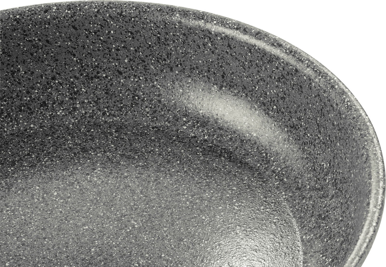 Nahaufnahme einer grauen, gesprenkelten Pfanne mit Antihaftbeschichtung, Blick von oben.