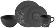 Schwarzes Mickey-Mouse-Geschirrset mit Schale, zwei Tellern und Tasse, strukturiertes Design mit weißer Mickey-Mouse-Grafik, Frontansicht in leicht schräger Perspektive