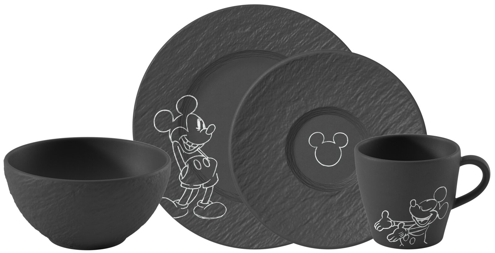 Schwarzes Mickey-Mouse-Geschirrset mit Schale, zwei Tellern und Tasse, strukturiertes Design mit weißer Mickey-Mouse-Grafik, Frontansicht in leicht schräger Perspektive