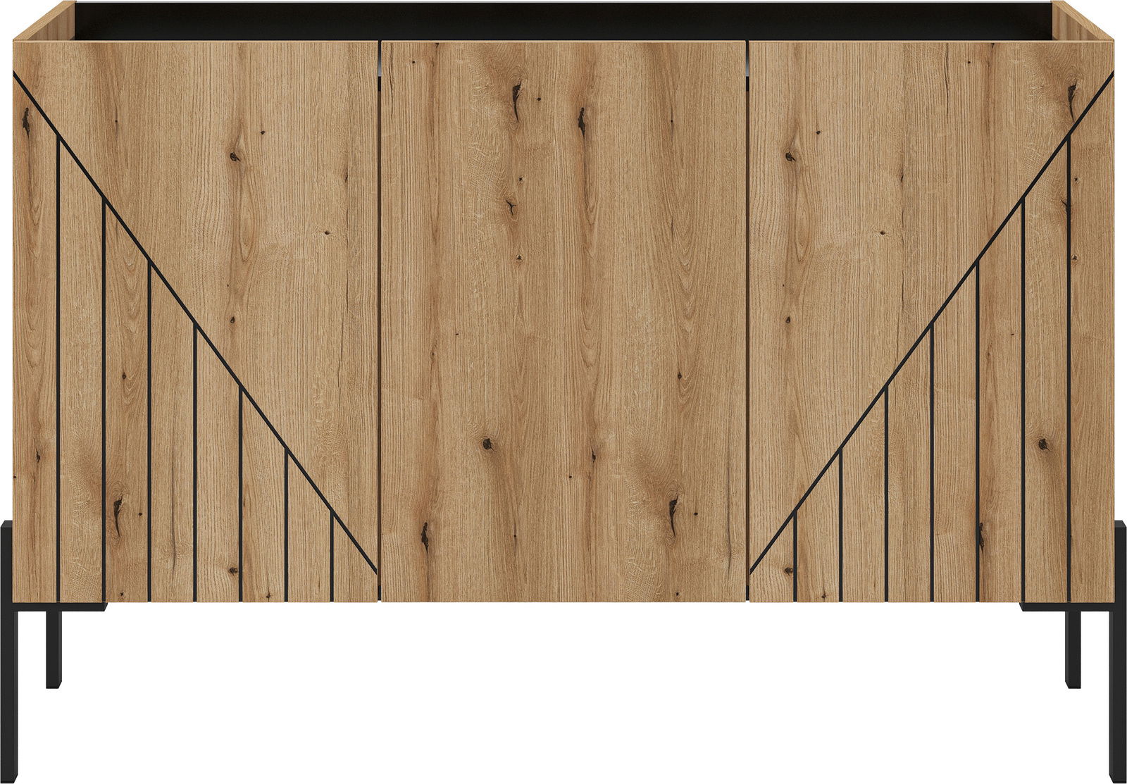 Frontansicht eines modernen Sideboards aus Holz mit schwarzen Metallakzenten und geometrischem Design.