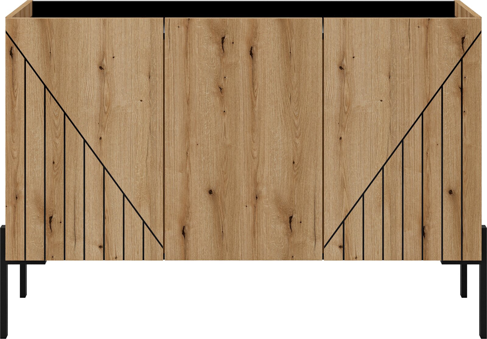 Frontansicht eines modernen Sideboards aus Holz mit schwarzen Metallakzenten und geometrischem Design.