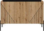 Frontansicht eines modernen Sideboards aus Holz mit schwarzen Metallakzenten und geometrischem Design.