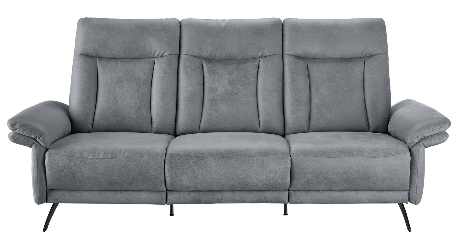 Graue Sofakombination mit drei Sitzen, frontal fotografiert.