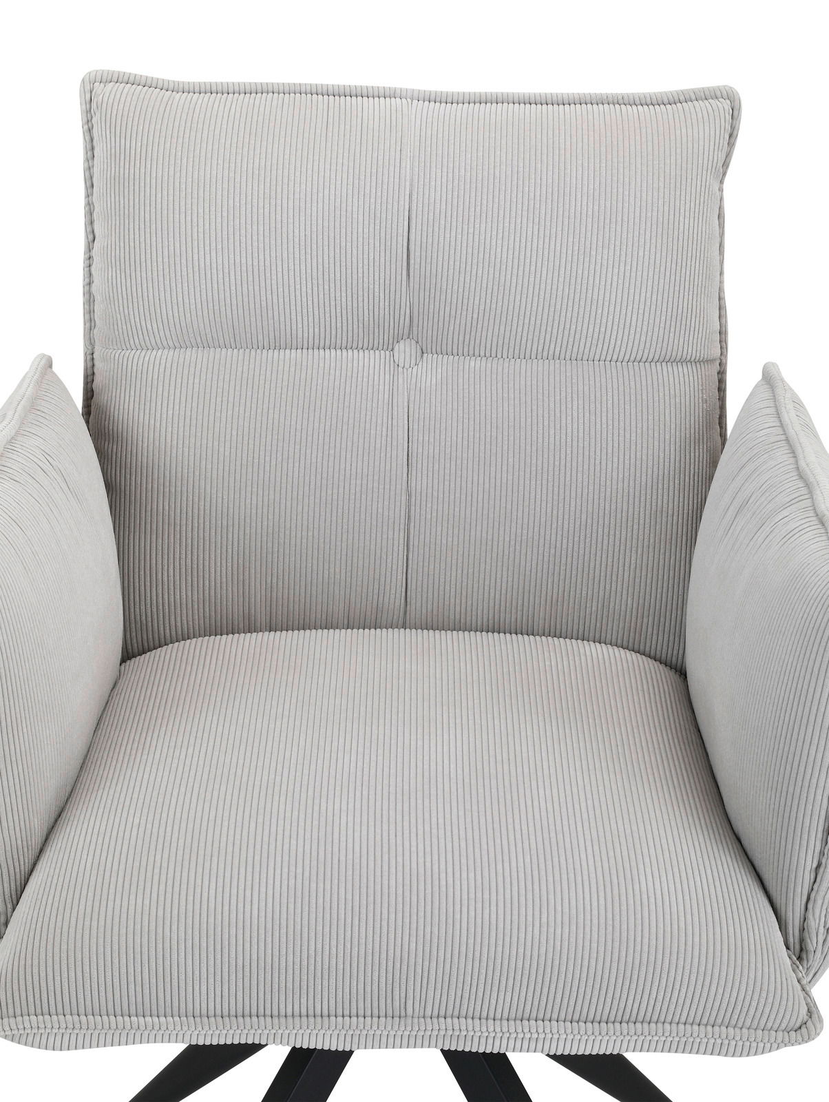 Grauer Armlehnstuhl mit gestepptem Stoffbezug, Vorderansicht