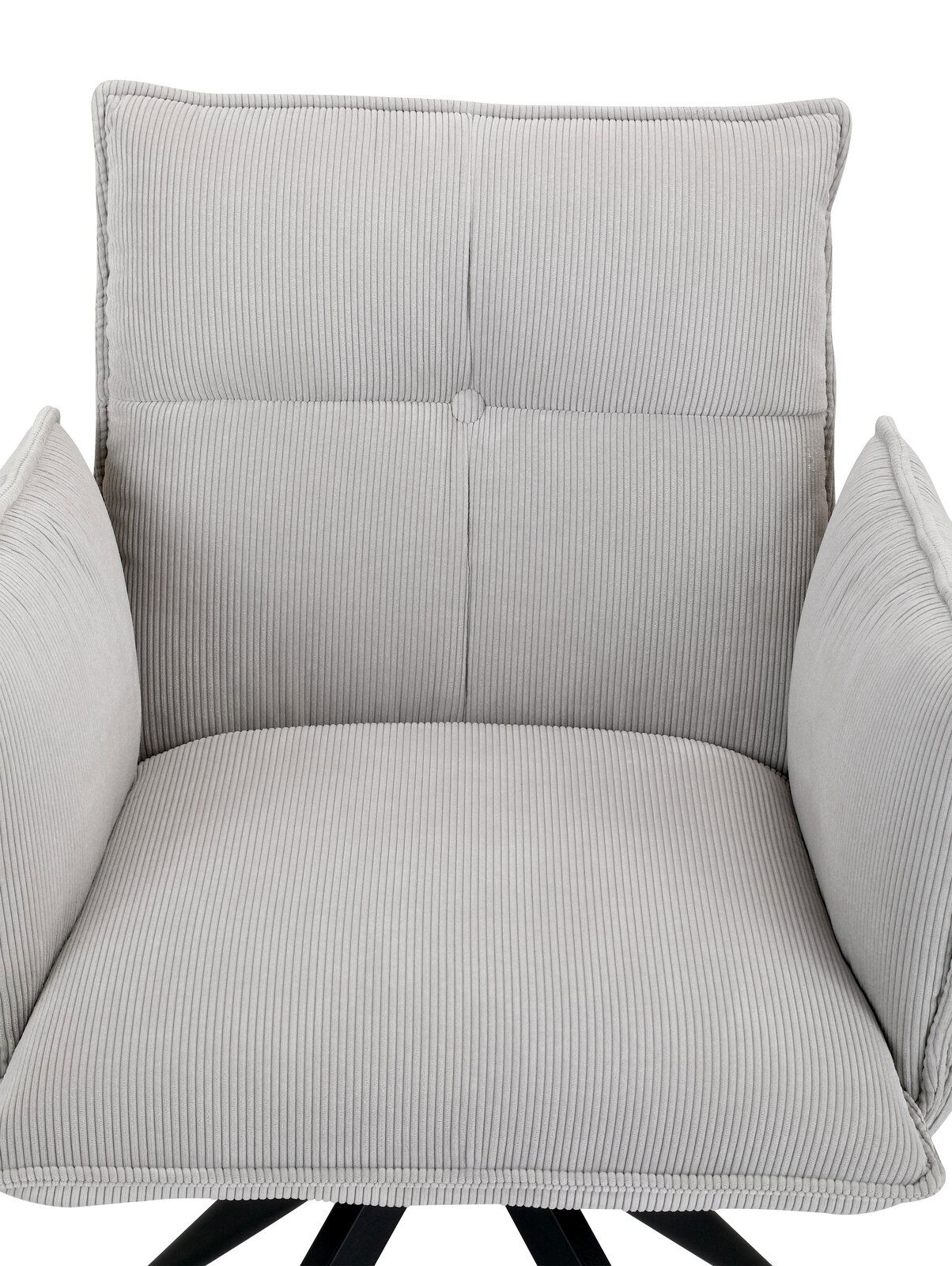 Grauer Armlehnstuhl mit gestepptem Stoffbezug, Vorderansicht