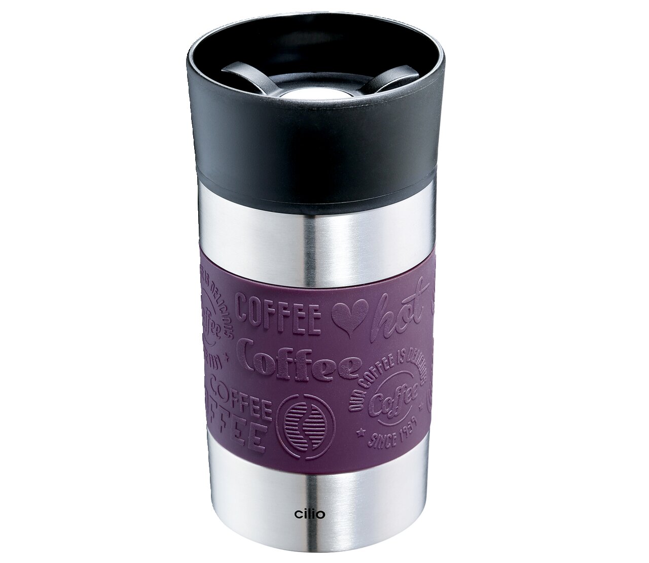 Lila Isoliertrinkbecher 300ml mit schwarzem Deckel und Edelstahlakzenten, seitliche Ansicht