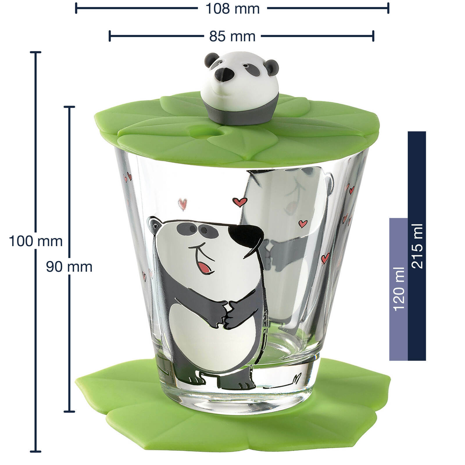 Kindertrinkset mit Panda-Motiv, bestehend aus einem Glas mit grünem Deckel und Untersetzer, frontal abgebildet.