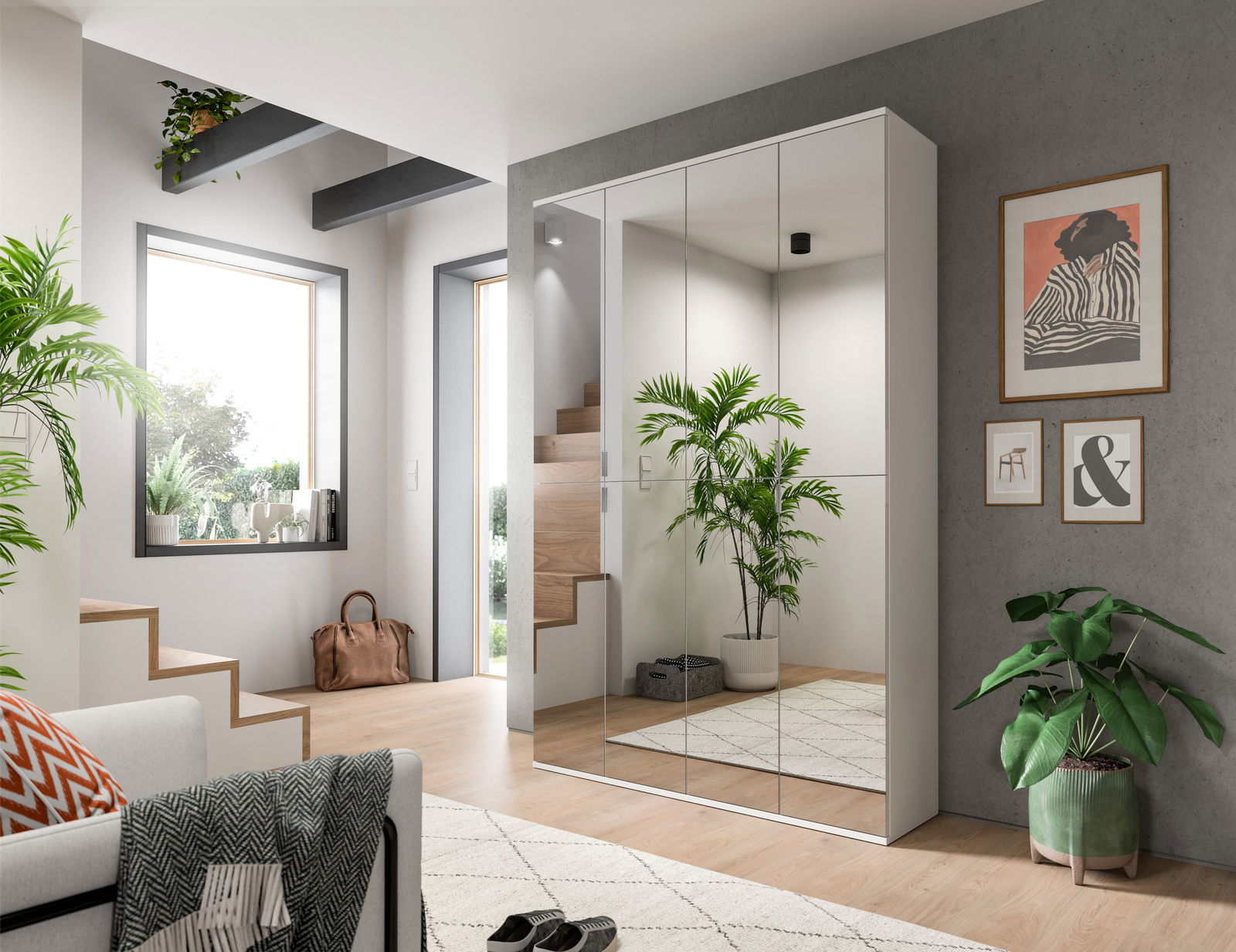 MID.YOU Garderobenkombination PROJEKT X Moderne Garderobenkombination mit Spiegeltüren in einem stilvollen, hellen Raum mit Pflanzen, Kunstwerken und einem Fenster mit Blick ins Grüne. Perspektive von schräg vorne.