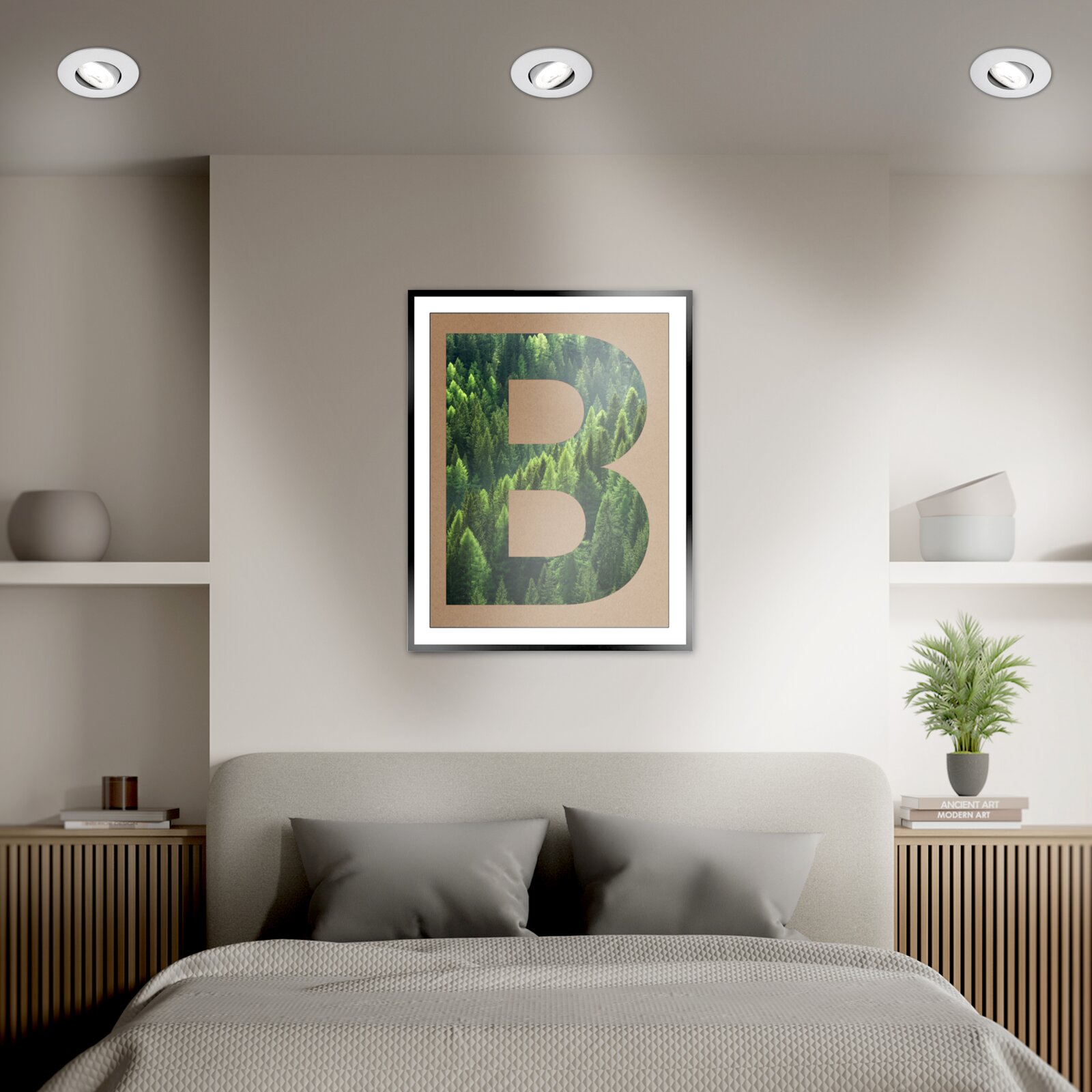 Briloner Set van 3 LED-inbouwspots KULANA A Moderne LED-Einbauleuchten in einer stilvollen Schlafzimmerdecke, Perspektive von unten.