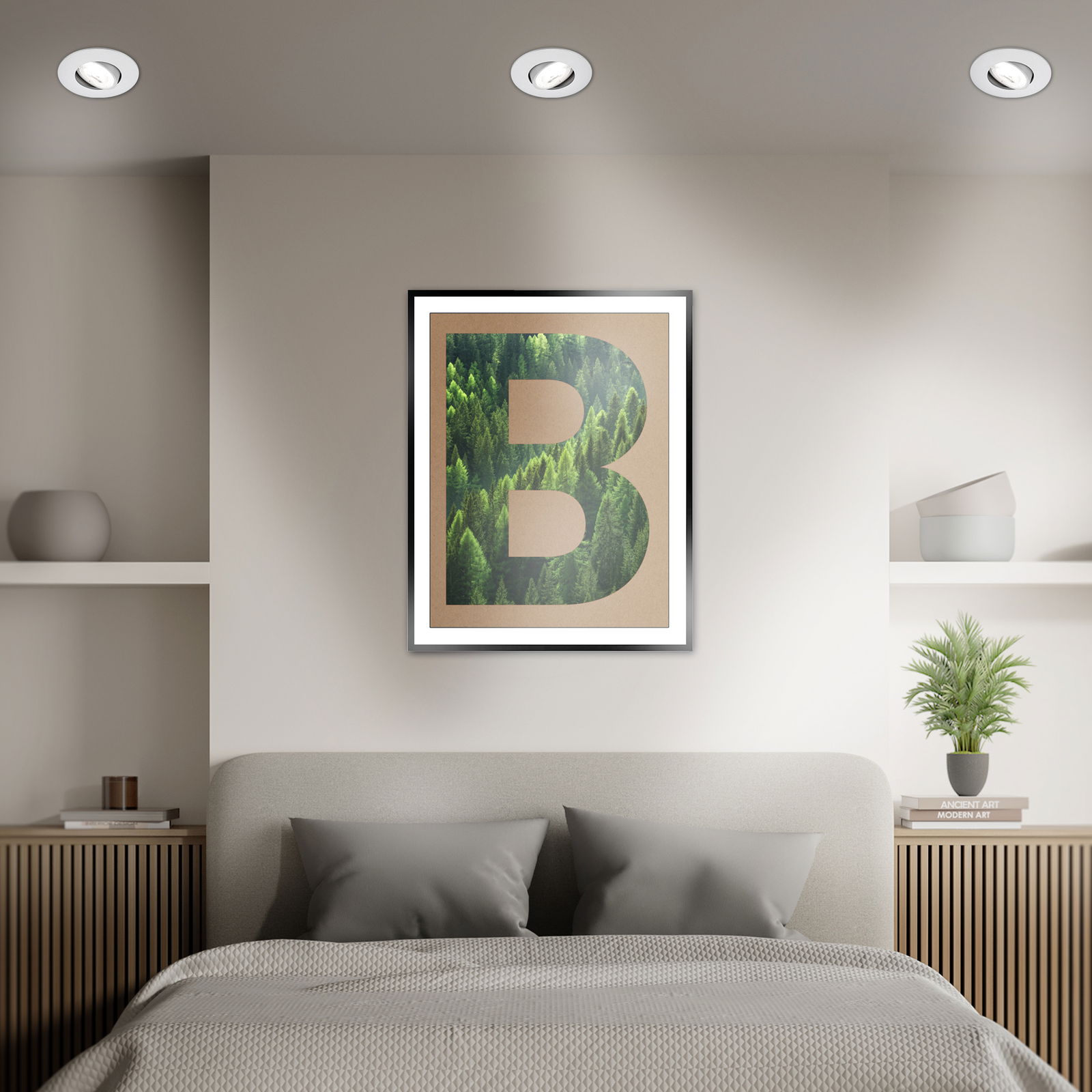 Moderne LED-Einbauleuchten in einer stilvollen Schlafzimmerdecke, Perspektive von unten.